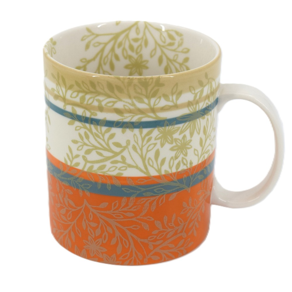 Starbucks Coffee Mug 14oz Orange Tan Teal Botanical Leaf Floral 2008 Excellent